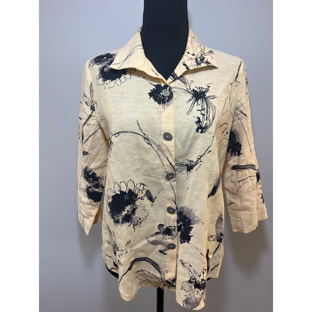 Linen Blend Floral Sketch Print Button Down Shirt Butter Yellow Black 3/4 Sleeve